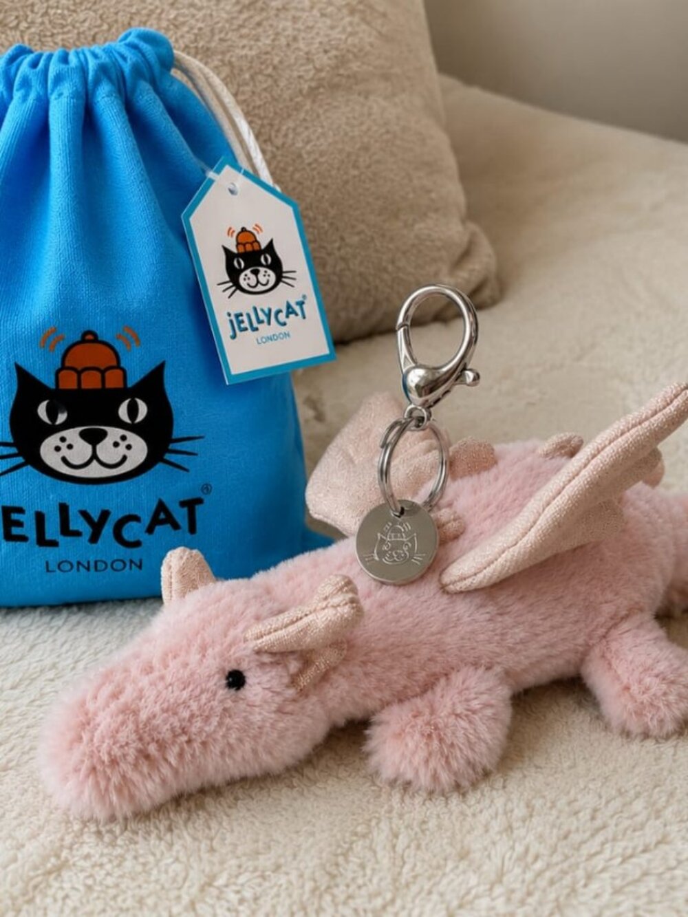 Jellycat Rose Dragon Bag Charm, Pink Plush Keychain for Bags & Backpacks